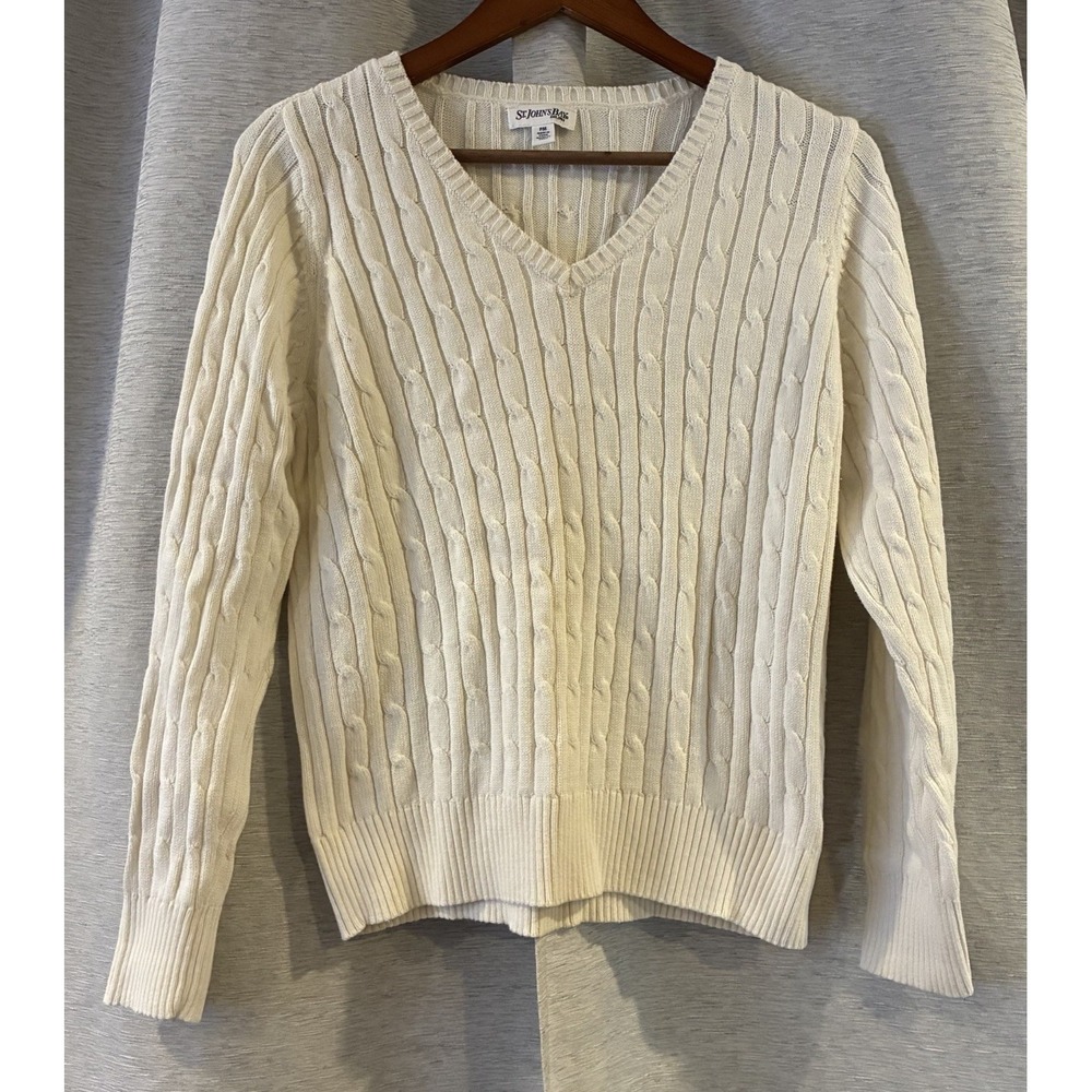 St. John's Bay Women's Sweater Size PM Ivory Cream Pullover V-Neck‎ Cable Knit